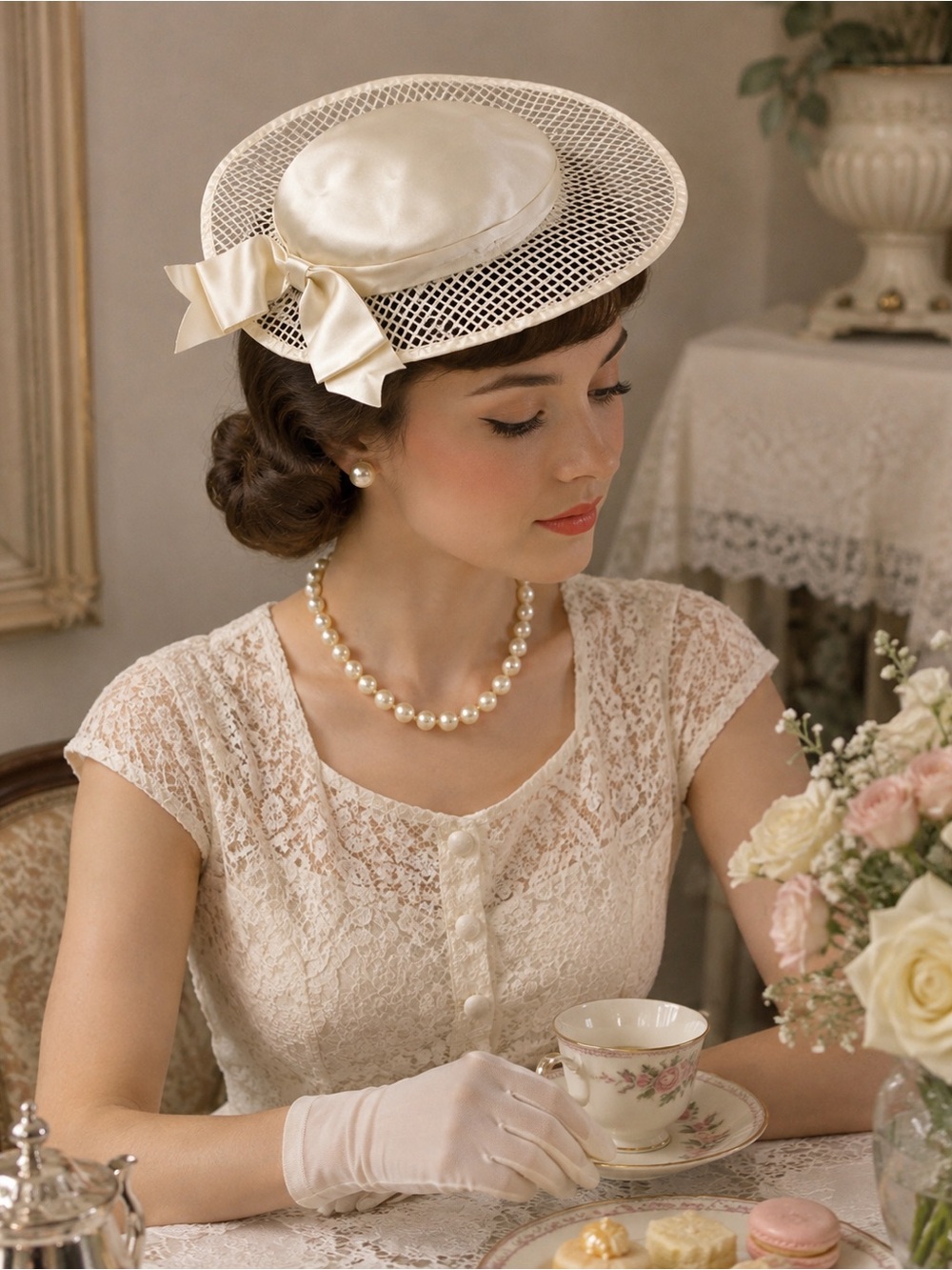Vintage 1950s Ivory Satin Mesh Cocktail Hat Church Tea Party Wide Brim Bow - Picture 2 of 7